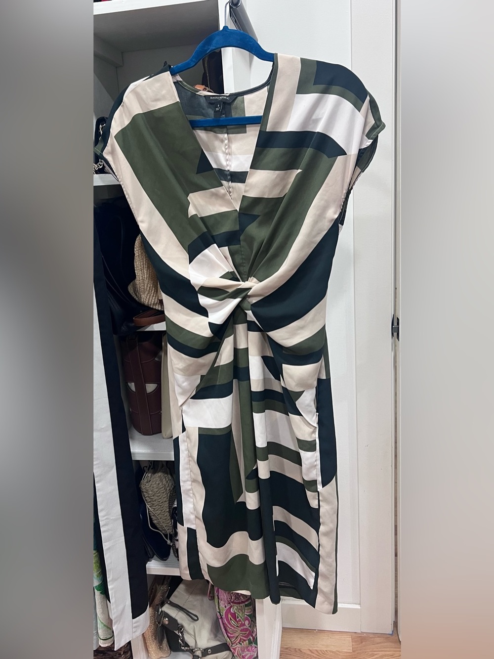 Banana Republic Olive, Black & Cream Striped Twist-Front Midi Dress